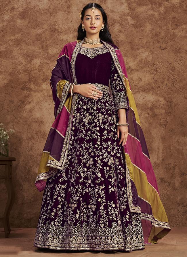 Velvet Wine Bridal Wear Embroidery Work Anarkali Suit